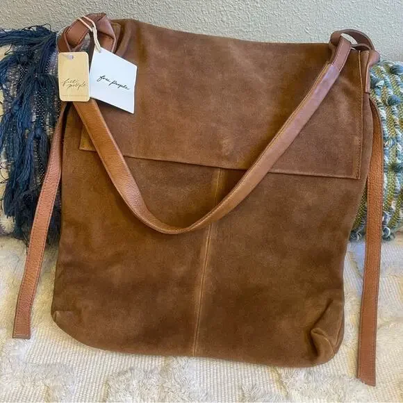 Free People Roswell Boho Slouchy Suede Leather Messenger Bag Tote Cognac Brown - Picture 2 of 16